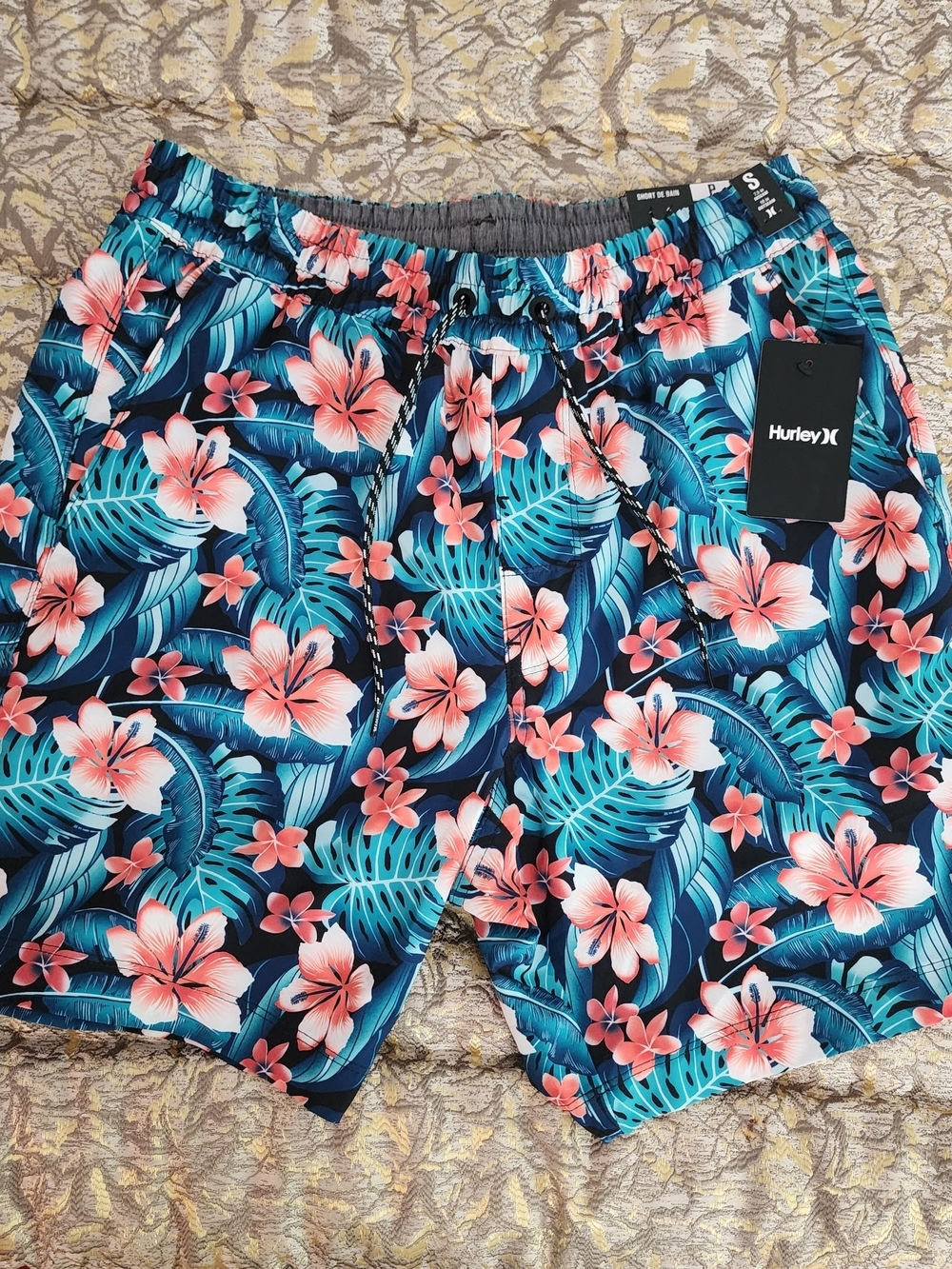 Hurley Men’s Navy Swim Shorts with Coral Floral & Teal Beachy Leaves